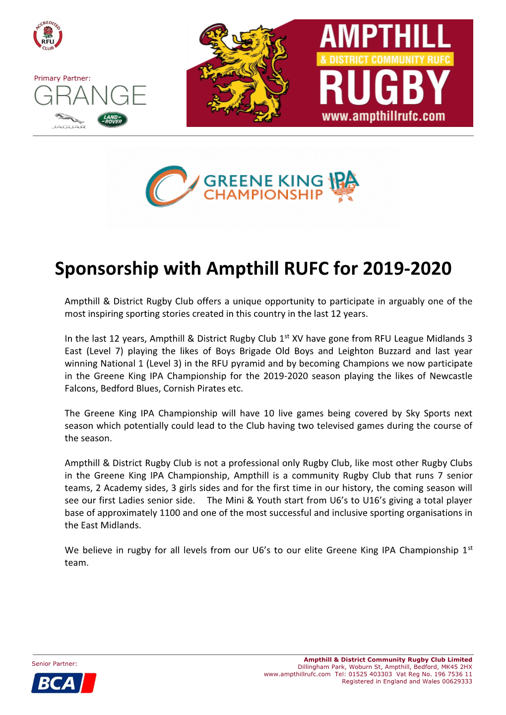 Sponsorship with Ampthill RUFC for 2019-2020