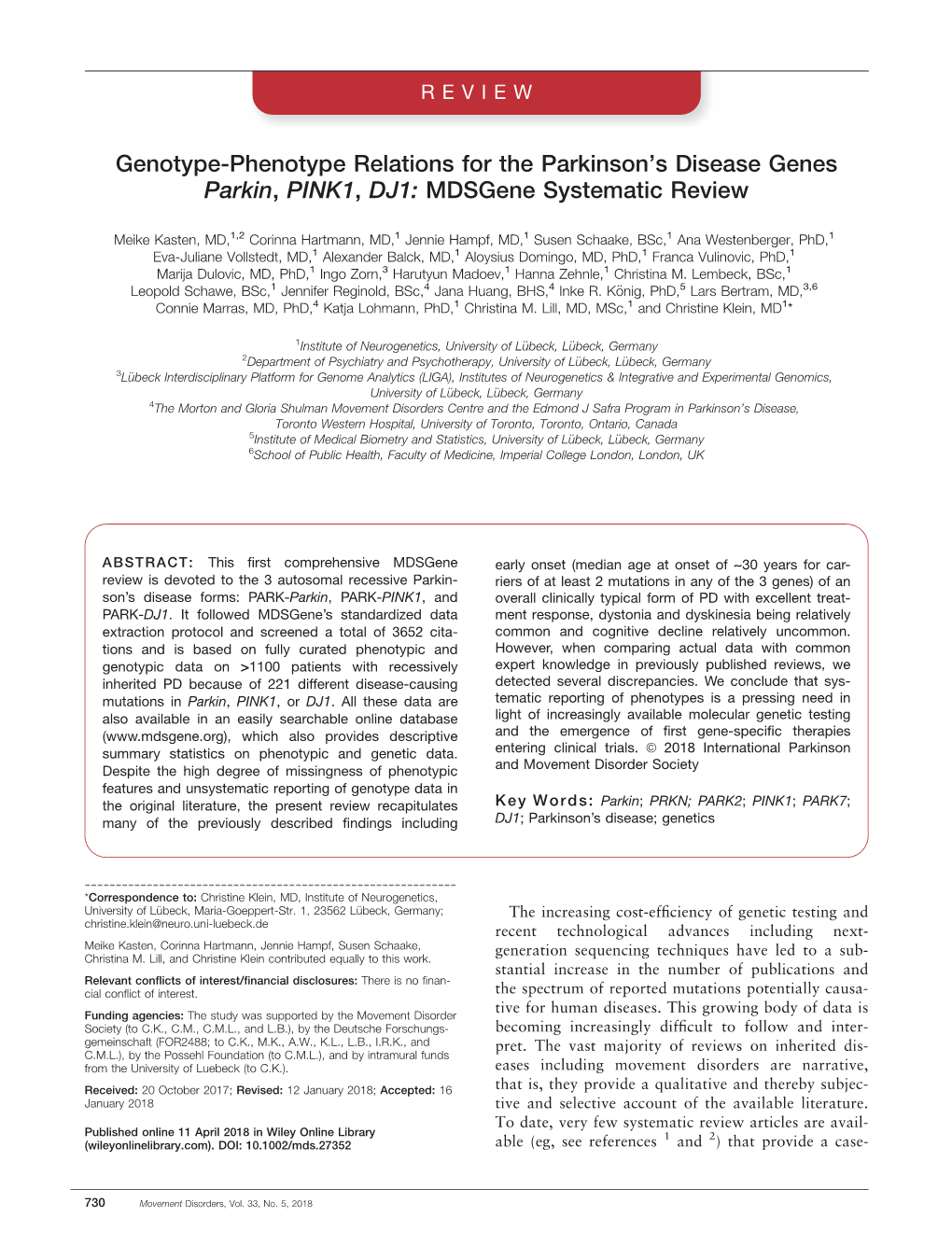 S Disease Genes Parkin, PINK1, DJ1: Mdsgene Systematic Review