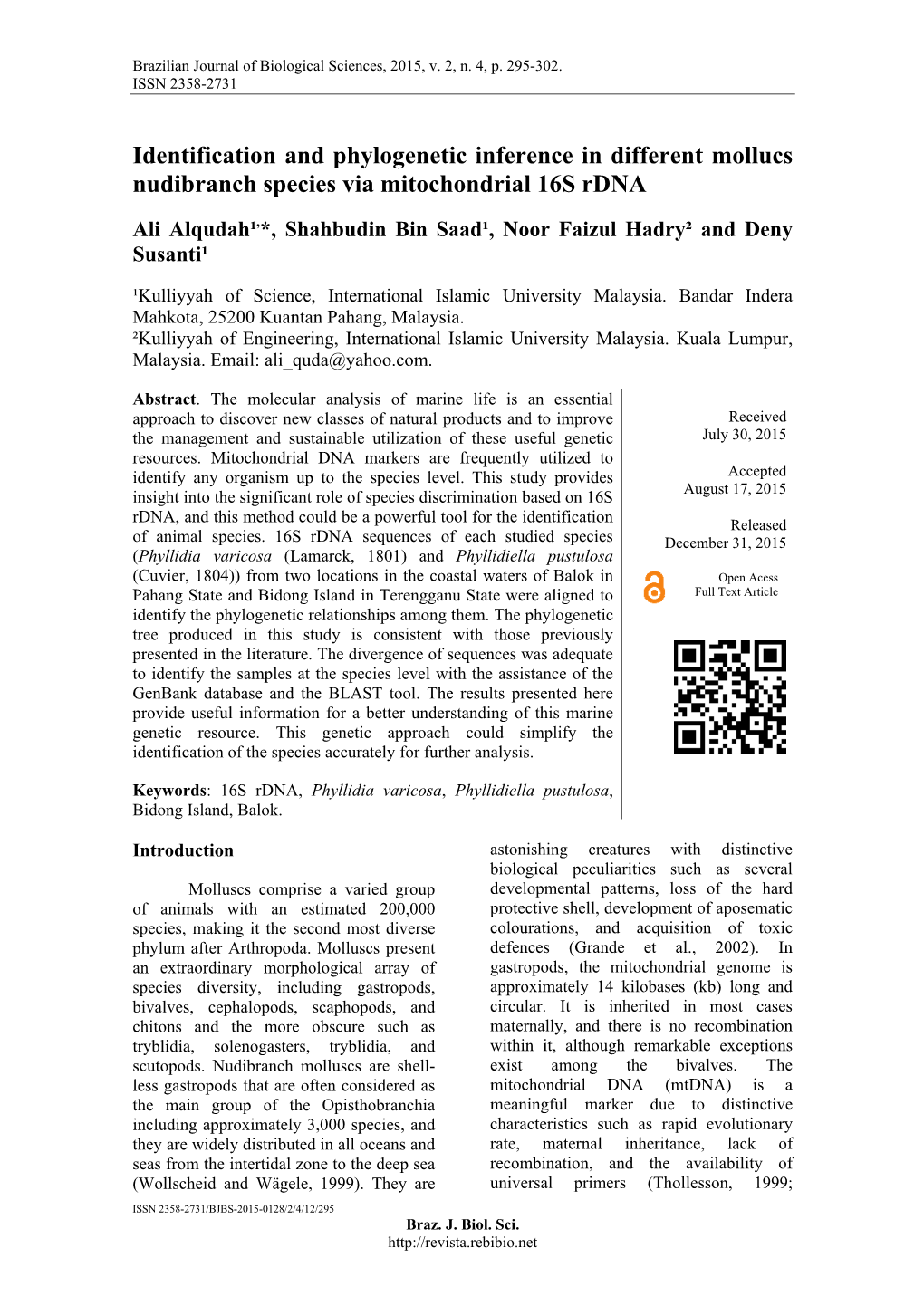 Identification and Phylogenetic Inference in Different Mollucs Nudibranch Species Via Mitochondrial 16S Rdna