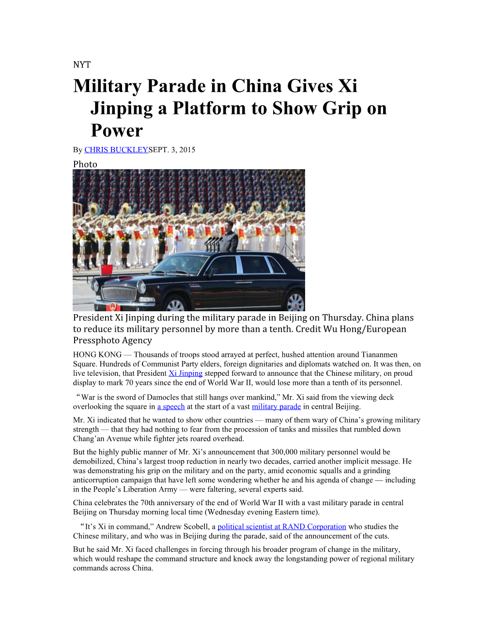 Military Parade in China Gives Xi Jinping a Platform to Show Grip on Power