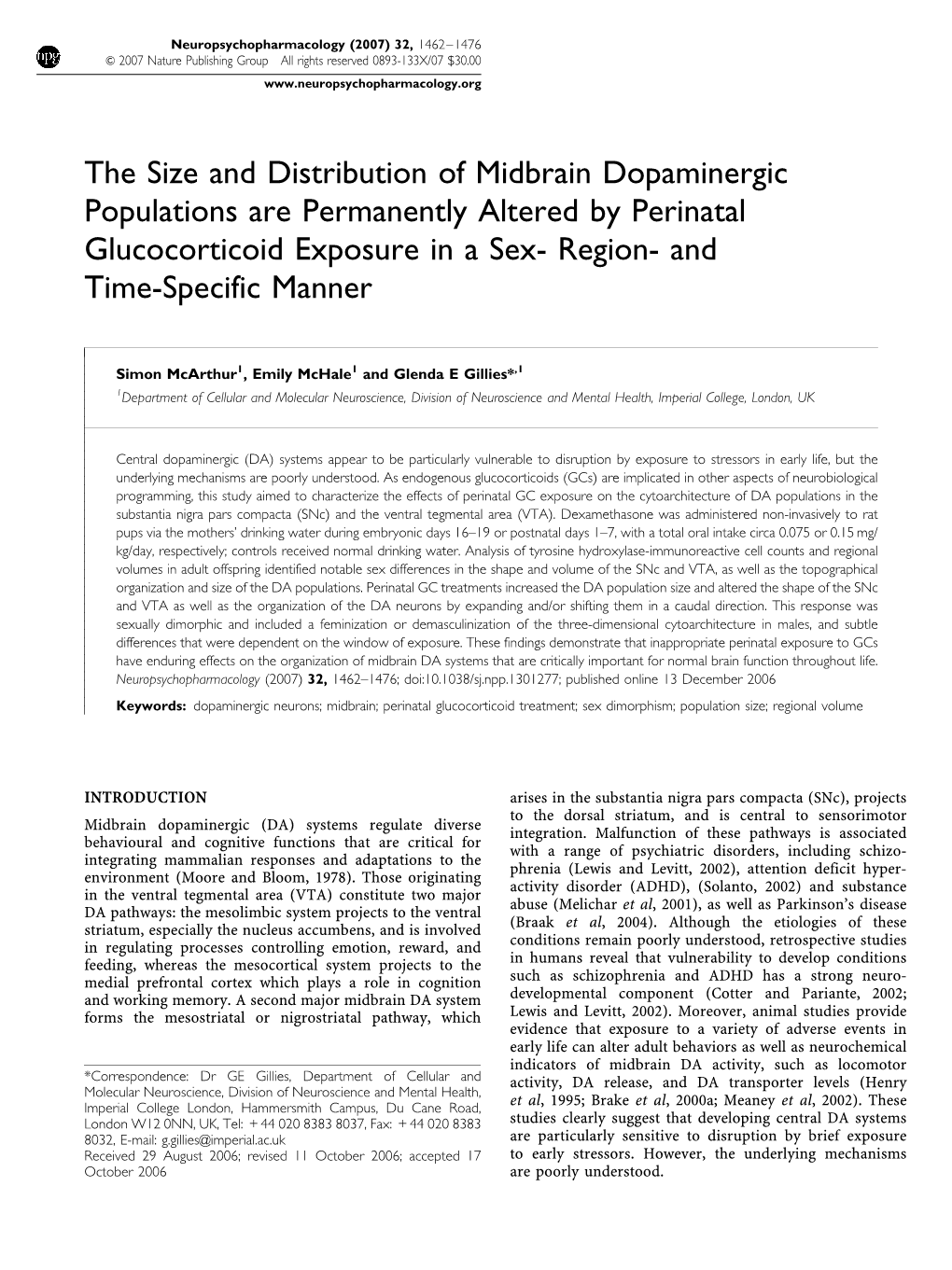 The Size and Distribution of Midbrain Dopaminergic Populations Are Permanently Altered by Perinatal Glucocorticoid Exposure in a Sex- Region- and Time-Specific Manner