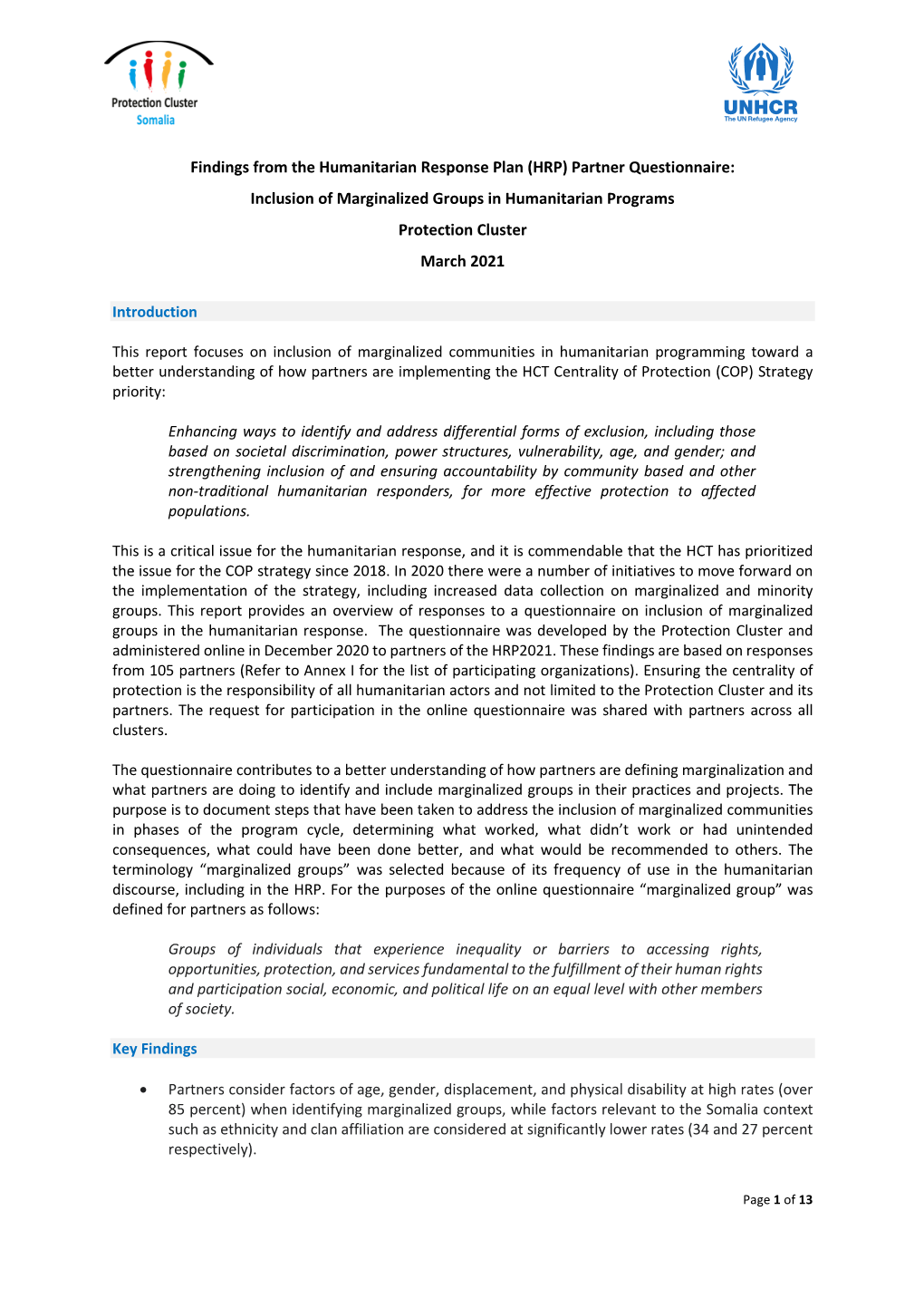 Findings from Questionnaire on Inclusion of Marginalized Groups