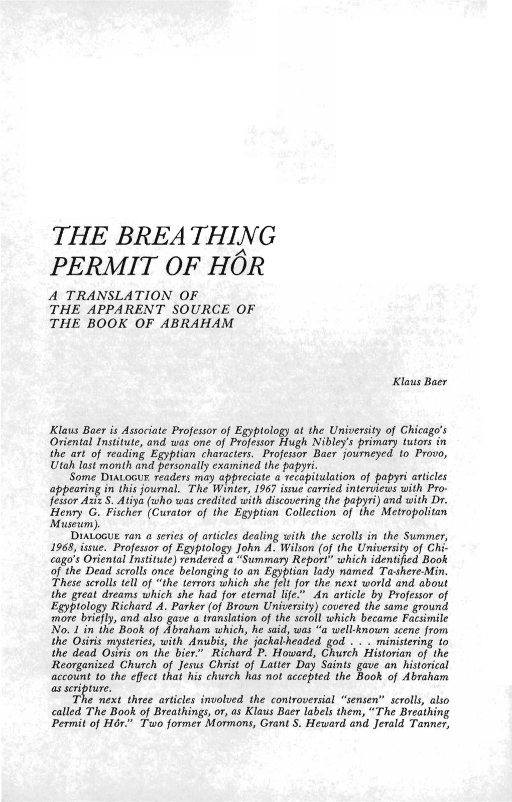 The Breathing Permit of Hor.