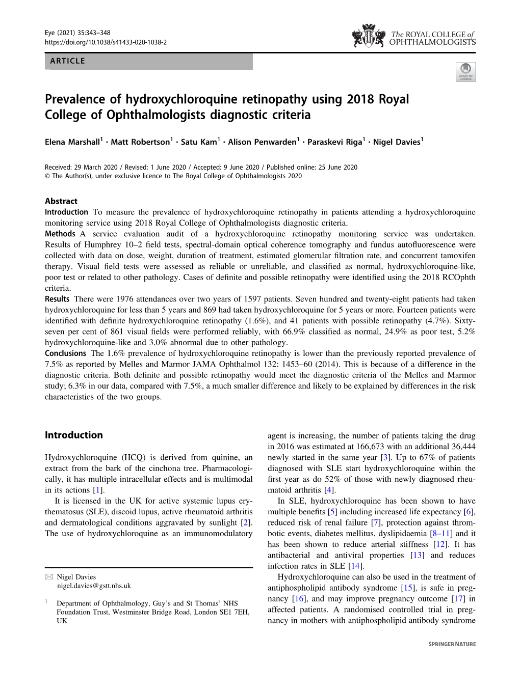 Prevalence of Hydroxychloroquine Retinopathy Using 2018 Royal College of Ophthalmologists Diagnostic Criteria