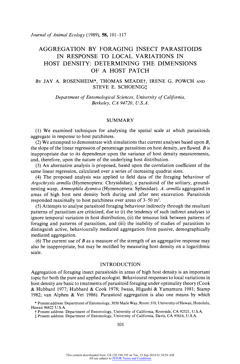 Aggregation by Foraging Insect Parasitoids in Response to Local Variations in Host Density: Determining the Dimensions of a Host Patch