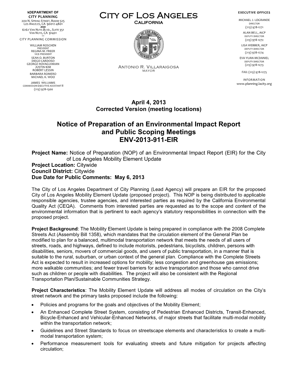 Notice of Preparation of an Environmental Impact Report and Public Scoping Meetings ENV-2013-911-EIR