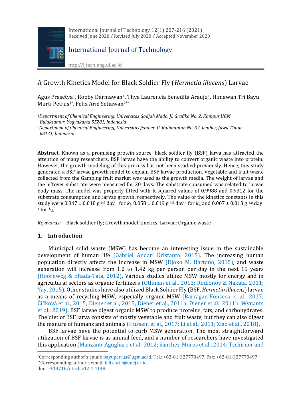 A Growth Kinetics Model for Black Soldier Fly (Hermetia Illucens) Larvae