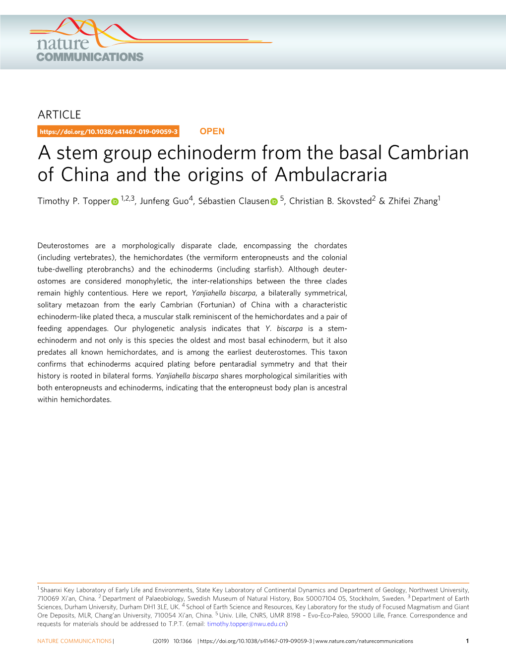 A Stem Group Echinoderm from the Basal Cambrian of China and the Origins of Ambulacraria