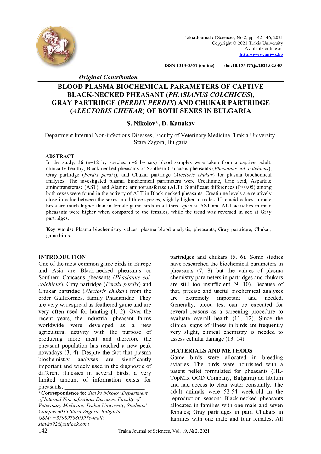 Blood Plasma Biochemical Parameters of Captive Black-Necked Pheasant