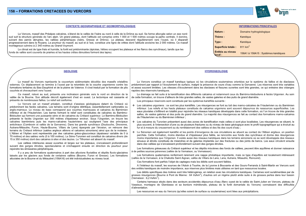 Fiche Regroupe Plusieurs Systèmes Karstiques Développés Dans Les Calcaires Sénoniens Ou Barrémo-Bédouliens Du Vercors