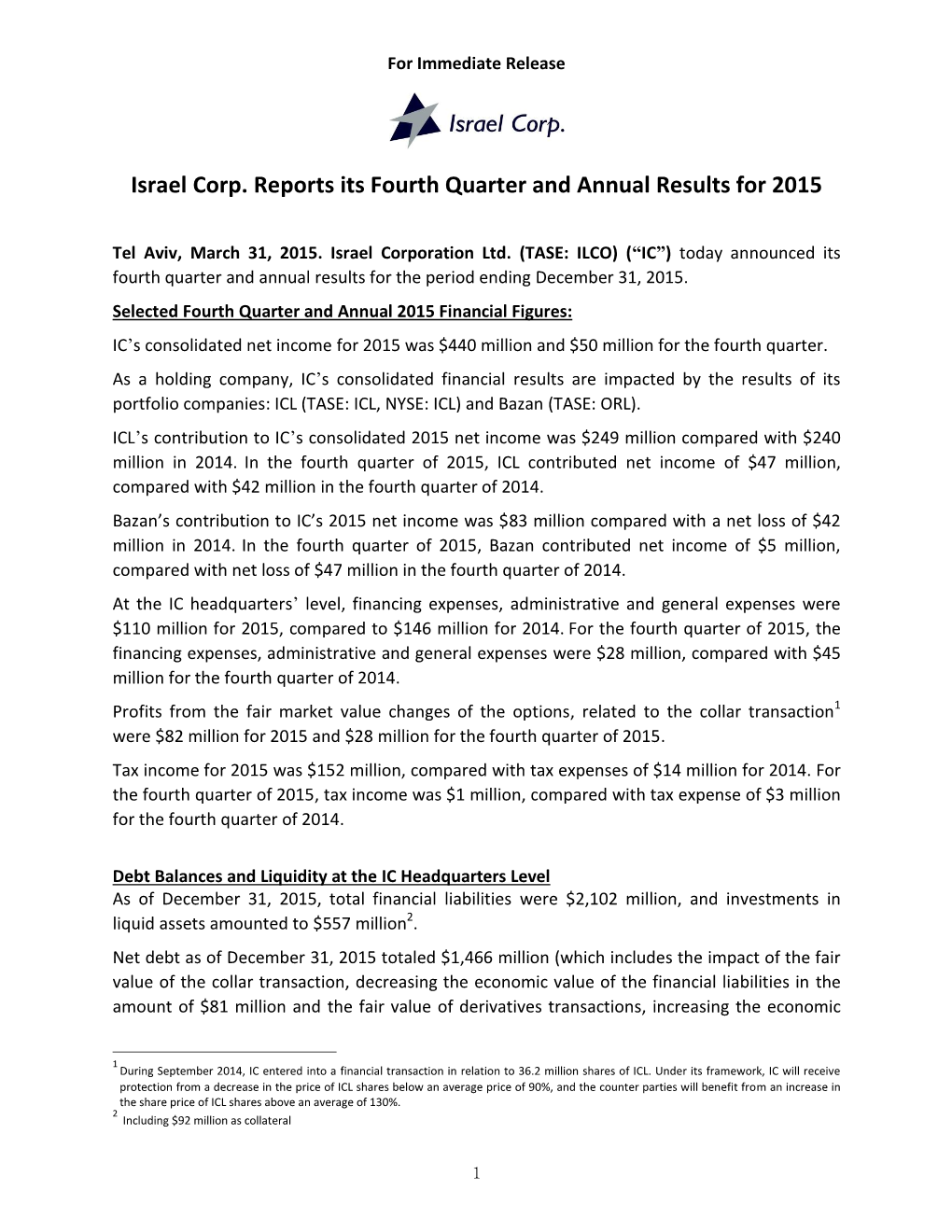 Israel Corp. Reports Its Fourth Quarter and Annual Results for 2015
