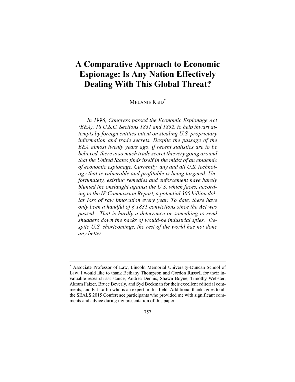 A Comparative Approach to Economic Espionage: Is Any Nation Effectively Dealing with This Global Threat?