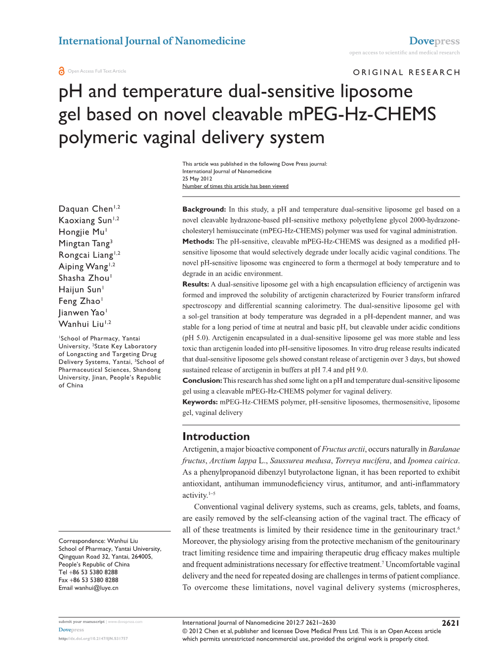 Ph and Temperature Dual-Sensitive Liposome Gel Based on Novel Cleavable Mpeg-Hz-CHEMS Polymeric Vaginal Delivery System