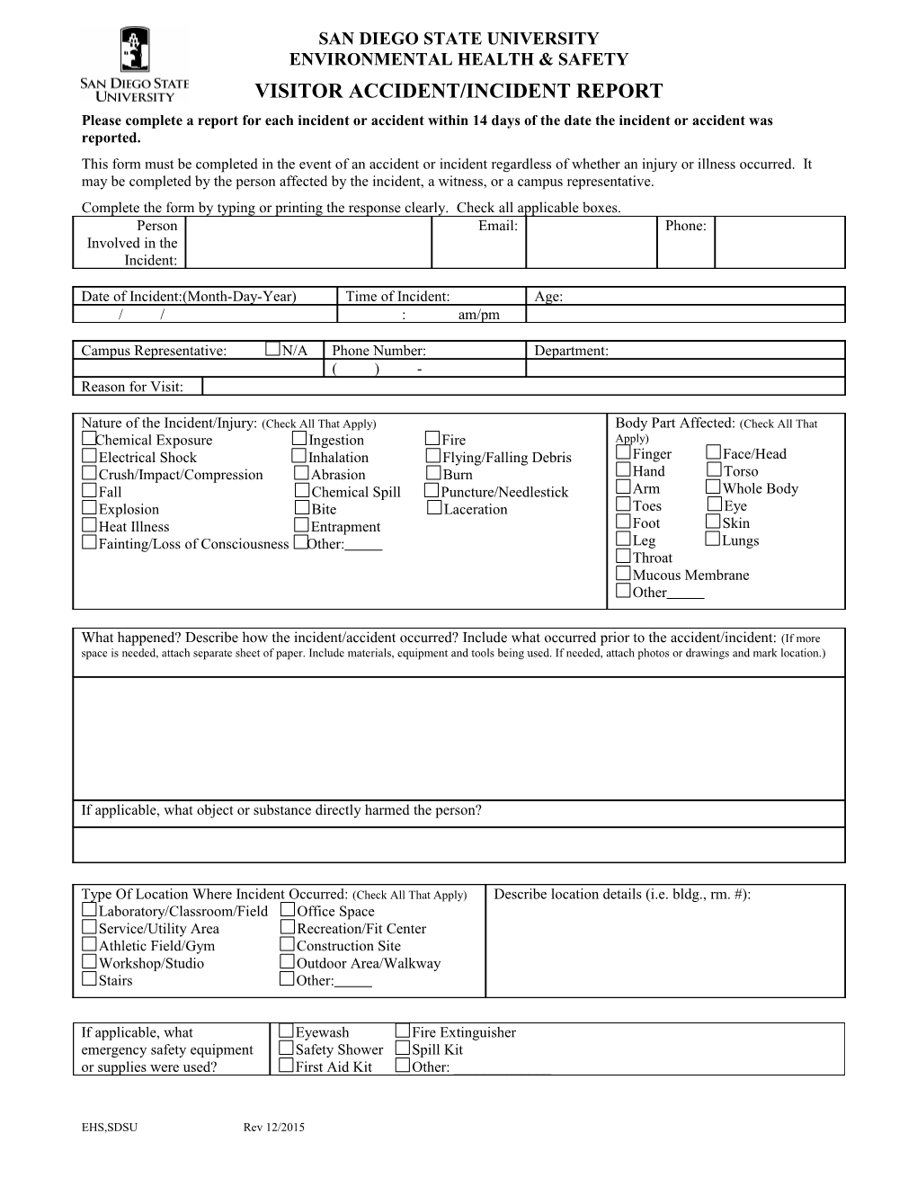 Visitor Accident / Incident Report Form; Rev. 12/4/2015