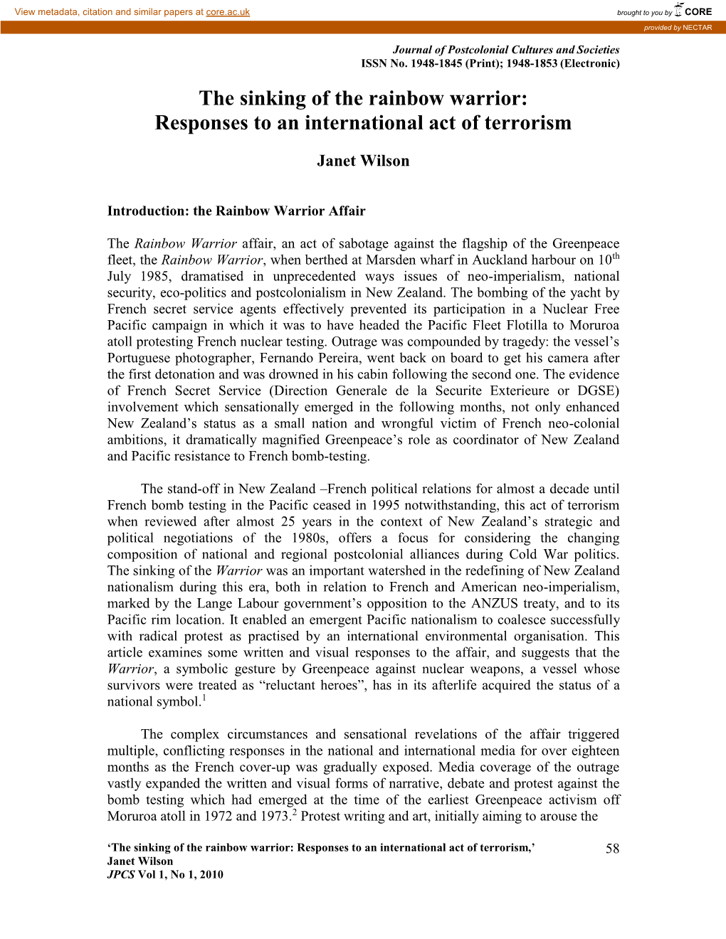 The Sinking of the Rainbow Warrior: Responses to an International Act of Terrorism