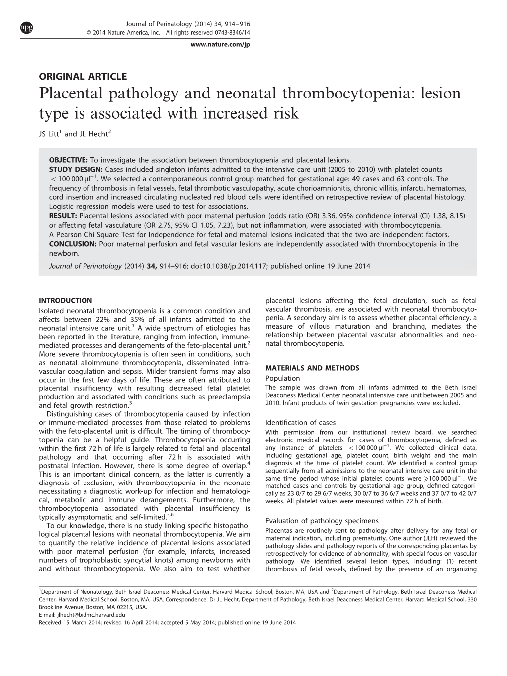 Placental Pathology and Neonatal Thrombocytopenia: Lesion Type Is Associated with Increased Risk