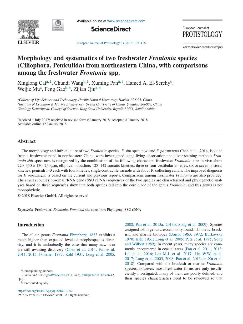 Morphology and Systematics of Two Freshwater Frontonia Species (Ciliophora, Peniculida) from Northeastern China, with Comparisons Among the Freshwater Frontonia Spp