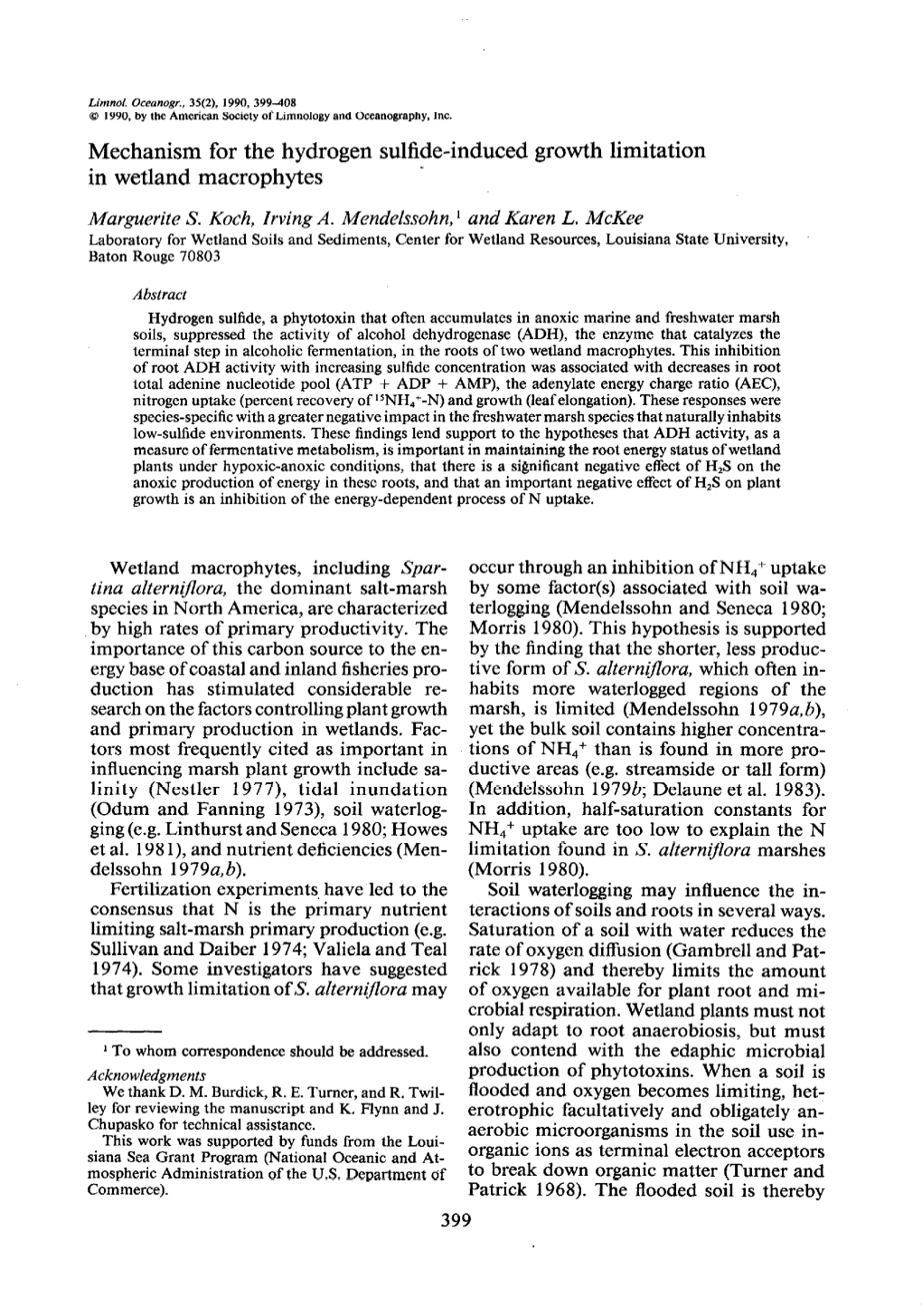 Mechanism for the Hydrogen Sulfide-Induced Growth Limitation in Wetland Macrophytes Marguerite S