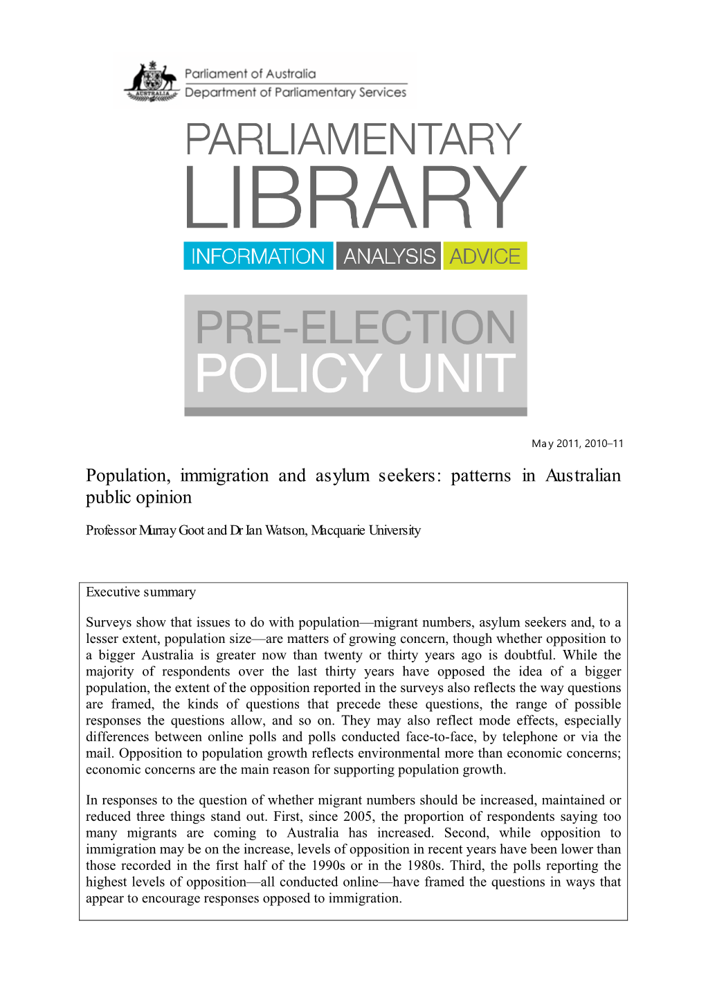 Population, Immigration and Asylum Seekers: Patterns in Australian Public Opinion