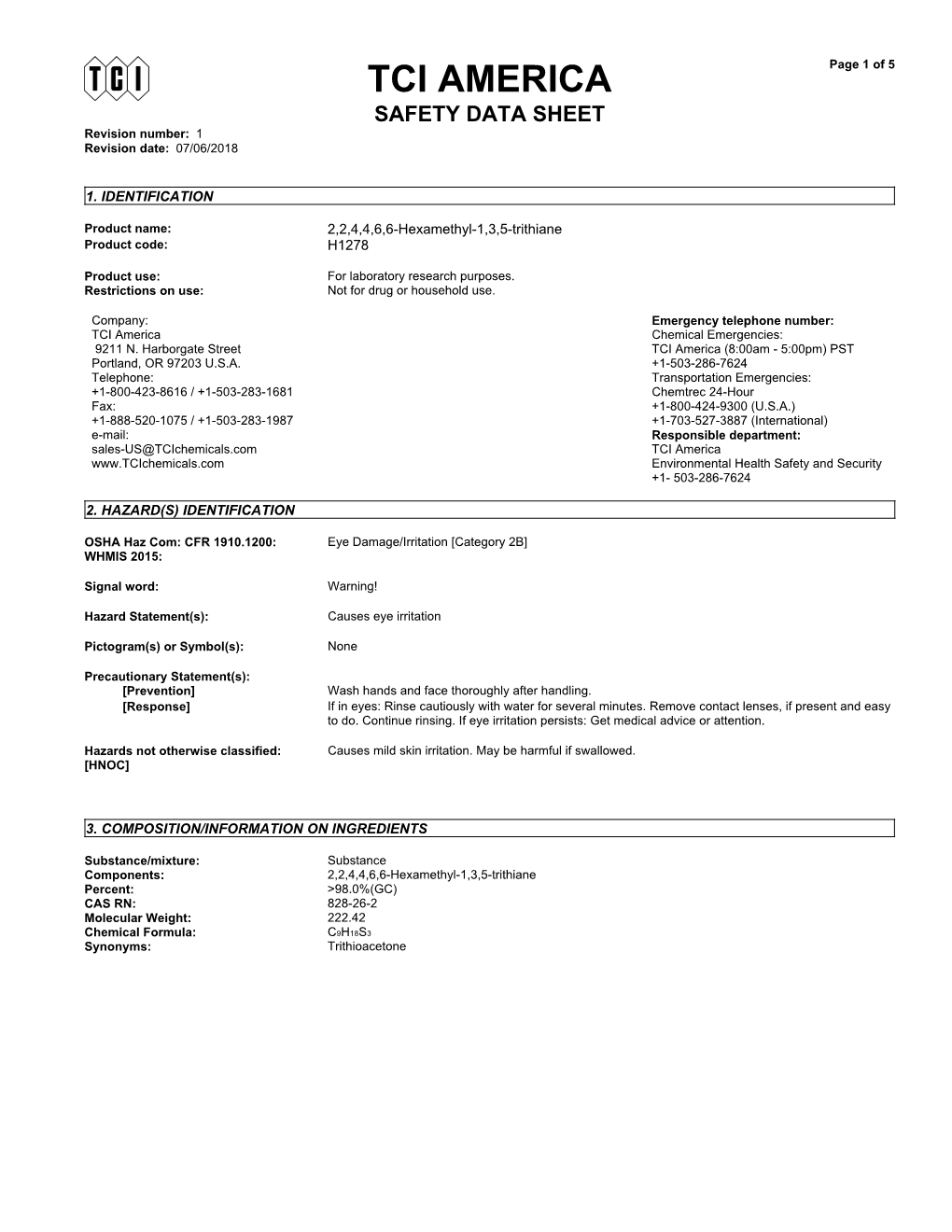 TCI AMERICA Page 1 of 5 SAFETY DATA SHEET Revision Number: 1 Revision Date: 07/06/2018