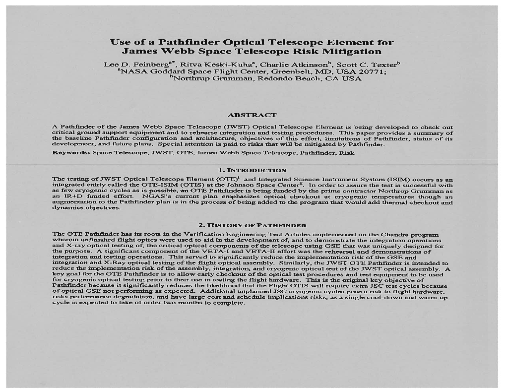 Use of a Pathfinder Optical Telescope Element for James Webb Space Telescope Risk Mitigation