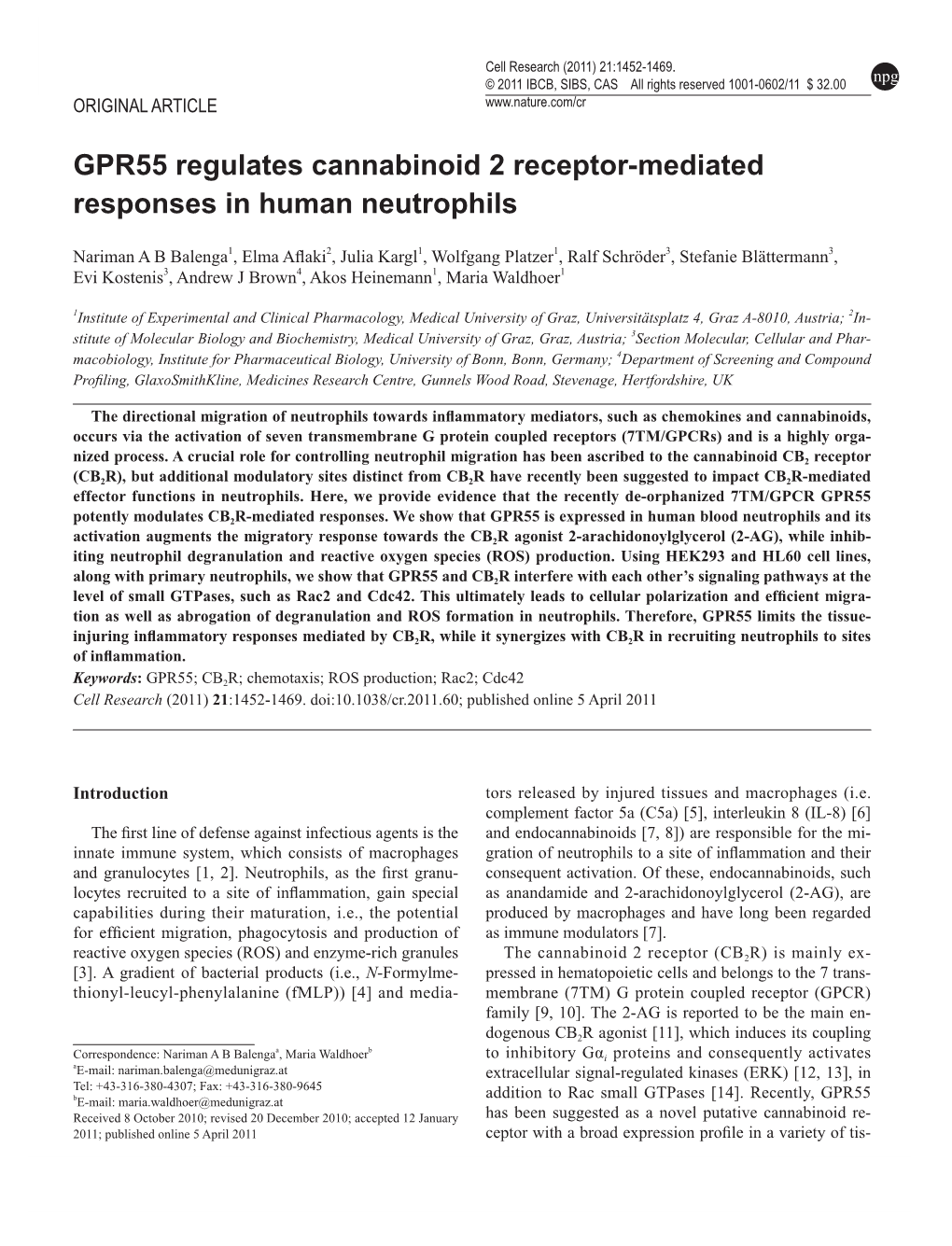 GPR55 Regulates Cannabinoid 2 Receptor-Mediated Responses in Human Neutrophils