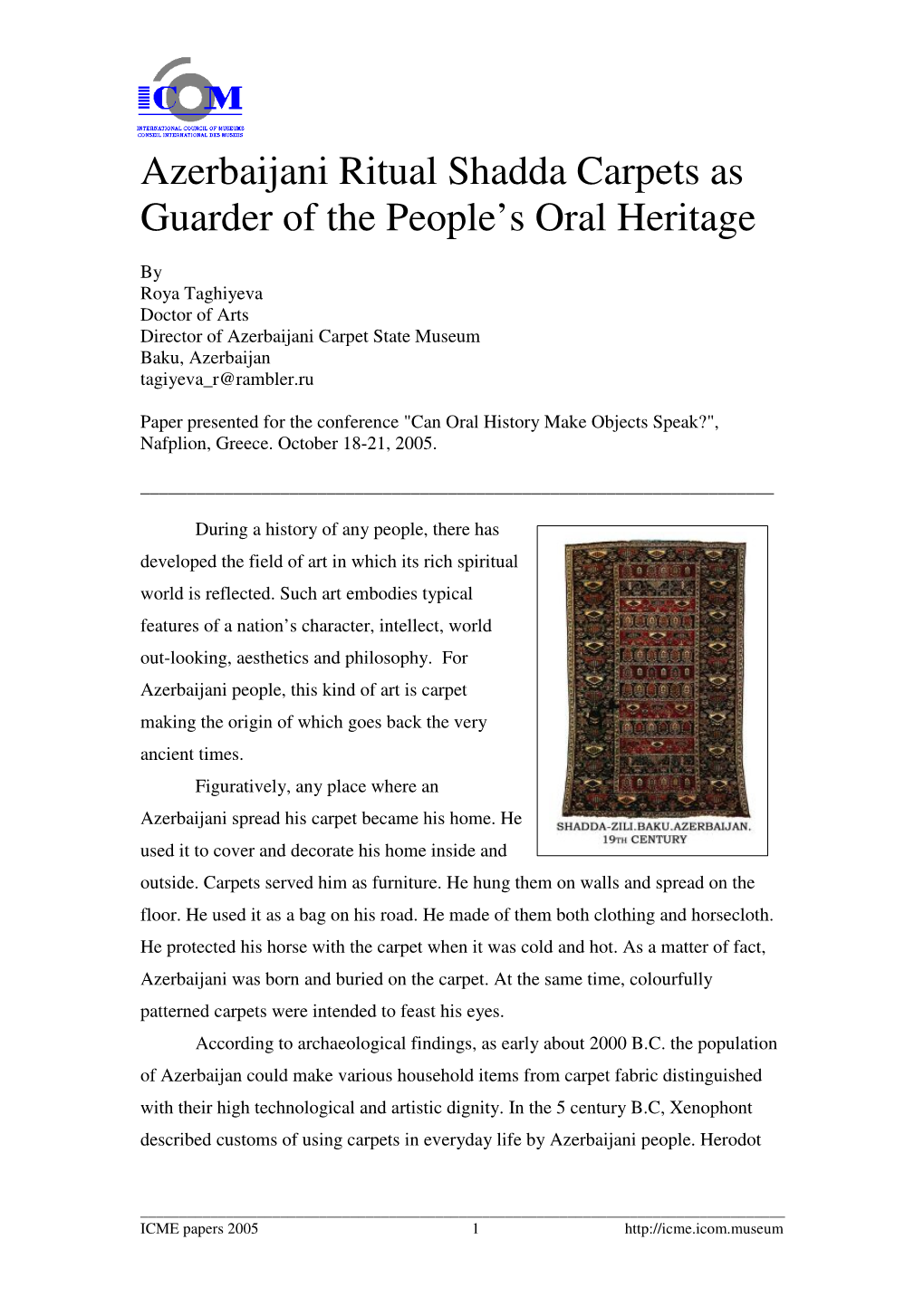 Azerbaijani Ritual Shadda Carpets As Guarder of the People's Oral Heritage