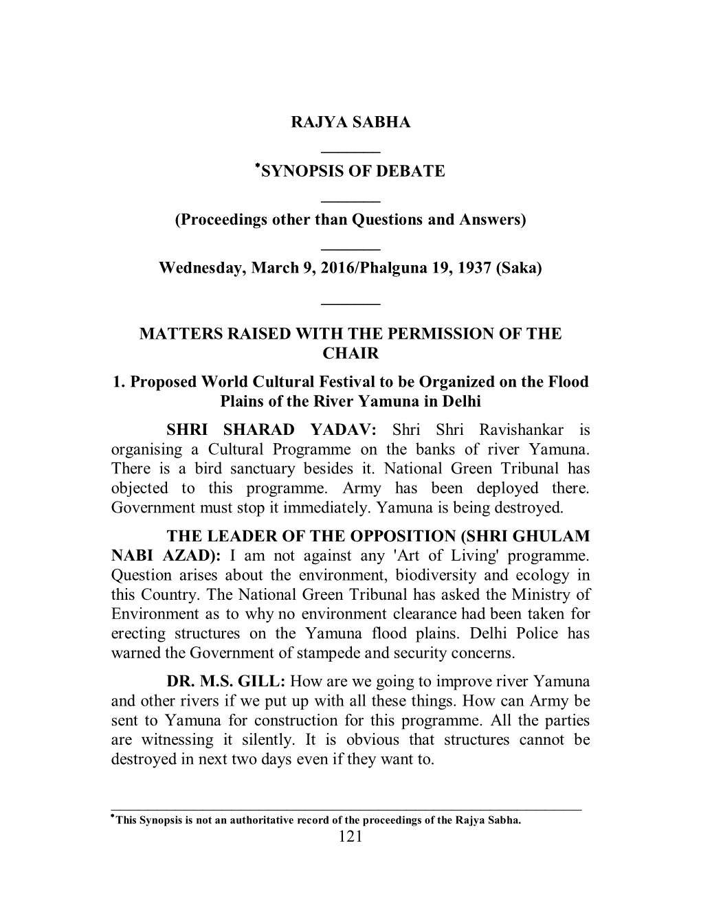 SYNOPSIS of DEBATE ______(Proceedings Other Than Questions and Answers) ______Wednesday, March 9, 2016/Phalguna 19, 1937 (Saka) ______