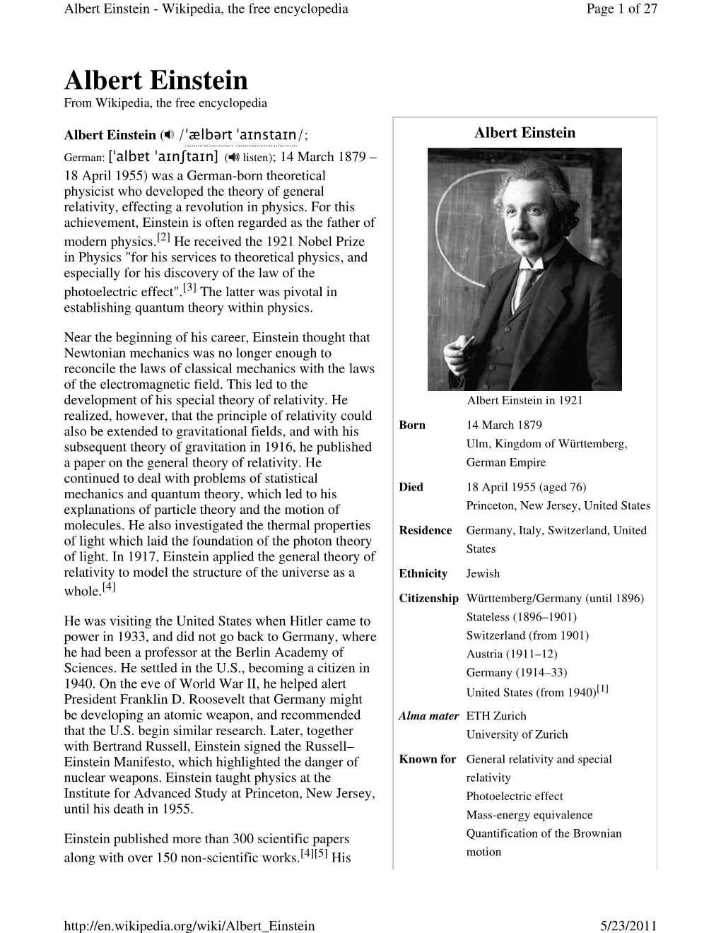 Albert Einstein - Wikipedia, the Free Encyclopedia Page 1 of 27