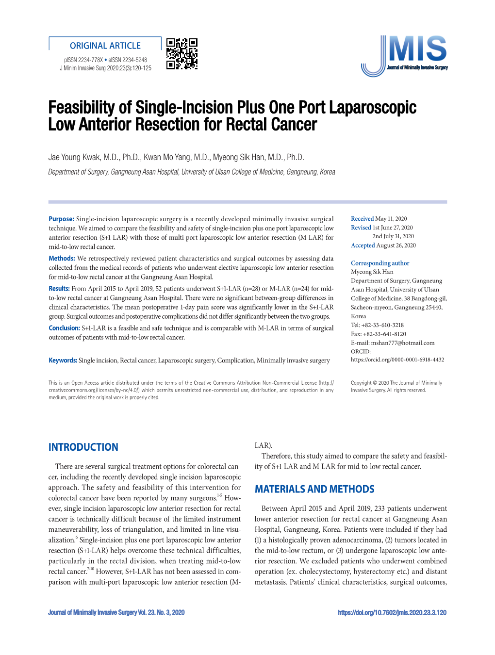 Feasibility of Single-Incision Plus One Port Laparoscopic Low Anterior Resection for Rectal Cancer
