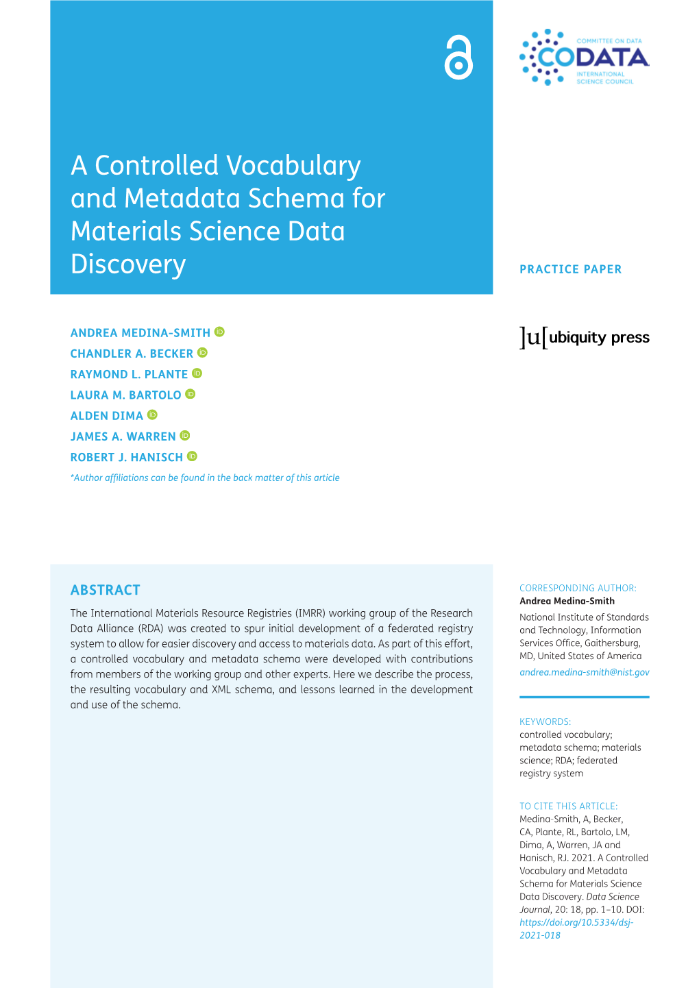 A Controlled Vocabulary and Metadata Schema for Materials Science Data