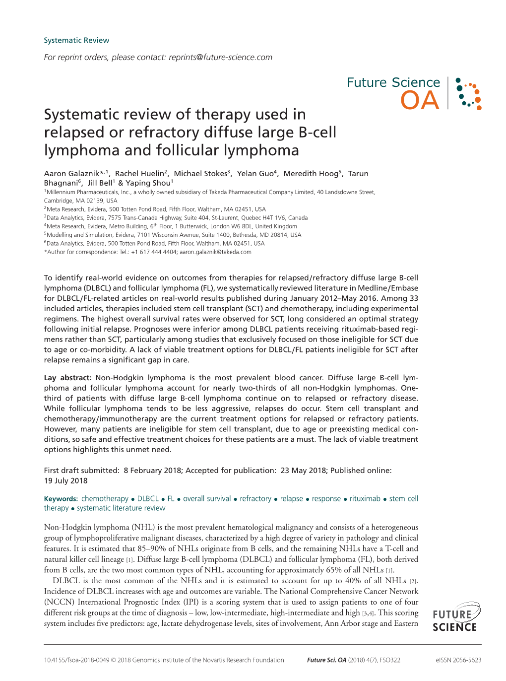 Systematic Review of Therapy Used in Relapsed Or Refractory Diffuse Large B-Cell Lymphoma and Follicular Lymphoma
