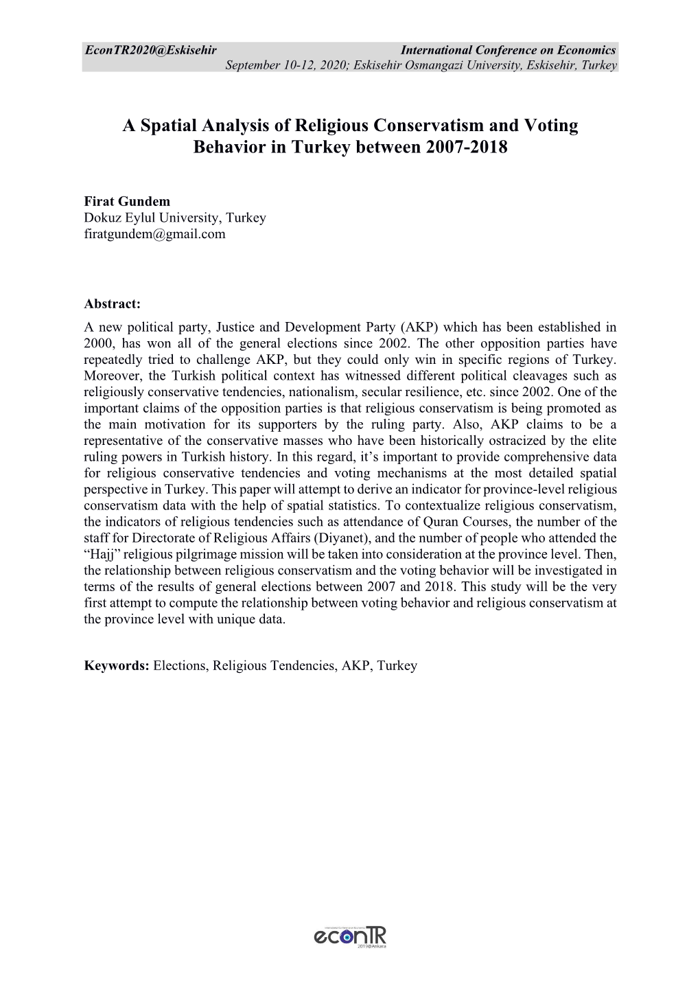 A Spatial Analysis of Religious Conservatism and Voting Behavior in Turkey Between 2007-2018