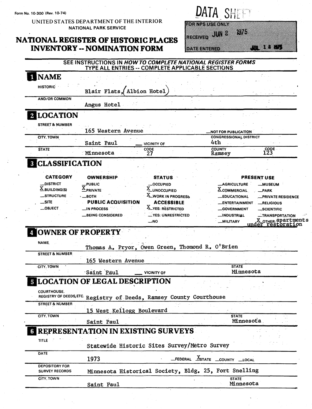 Data Si United States Department of the Interior National Park Service National Register of Historic Places Inventory - Nomination Form