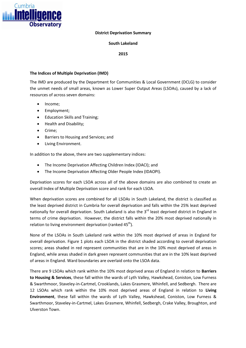 South Lakeland District Deprivation Summary