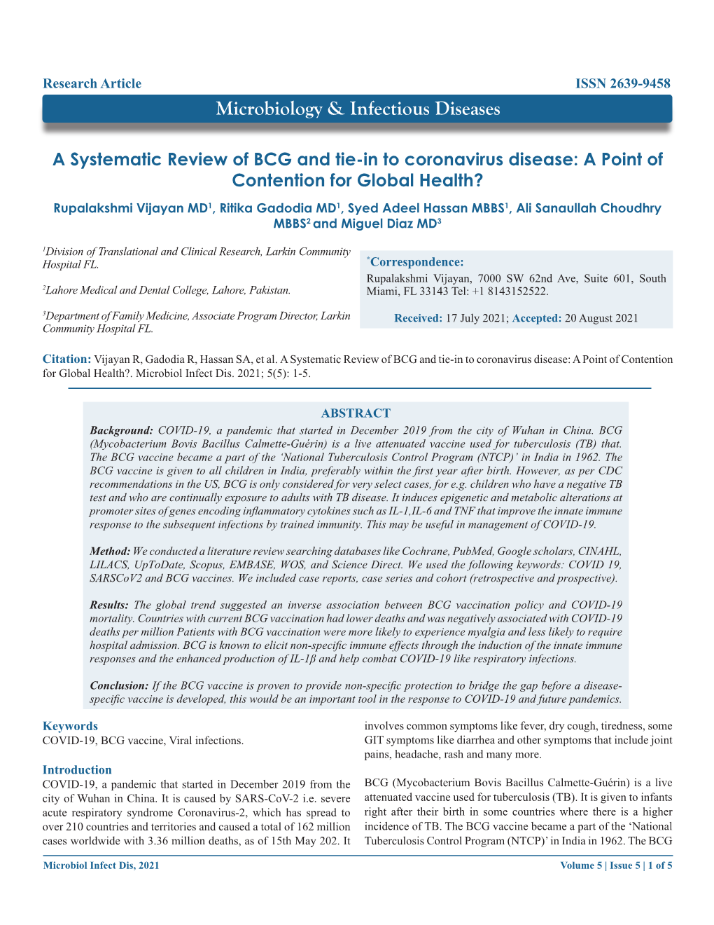 A Systematic Review of BCG and Tie-In to Coronavirus Disease: a Point of Contention for Global Health?