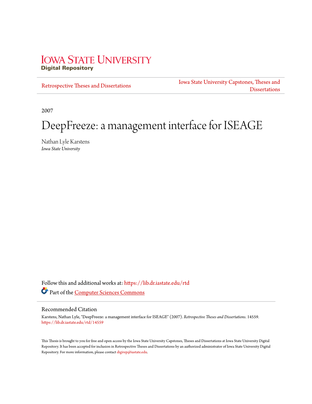 Deepfreeze: a Management Interface for ISEAGE Nathan Lyle Karstens Iowa State University