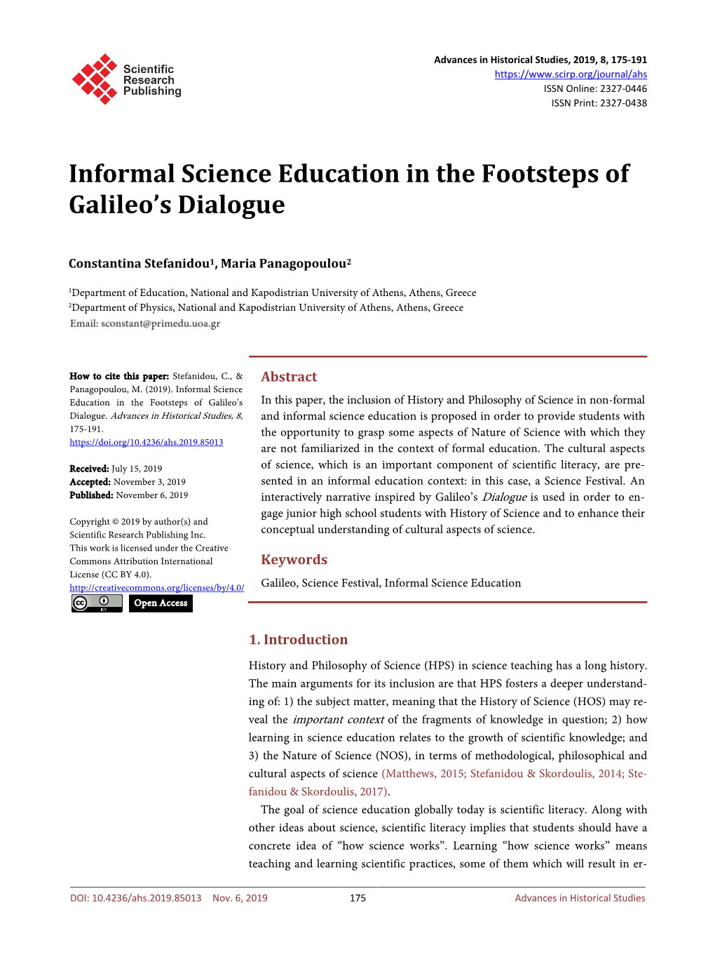 Informal Science Education in the Footsteps of Galileo's Dialogue