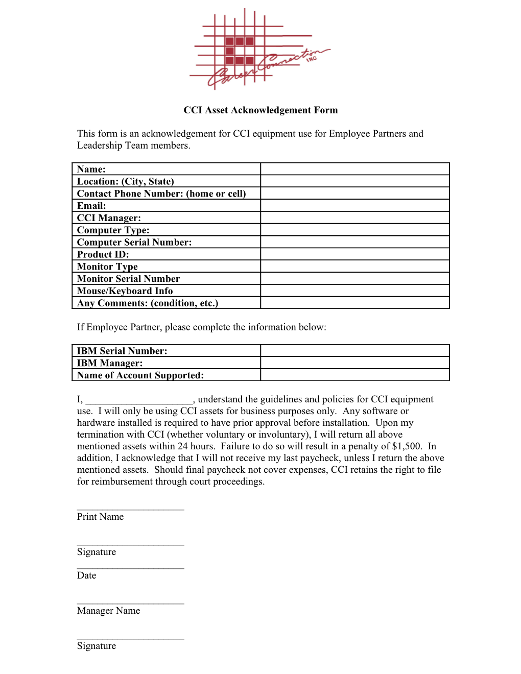 Asset Acknowledgement Form