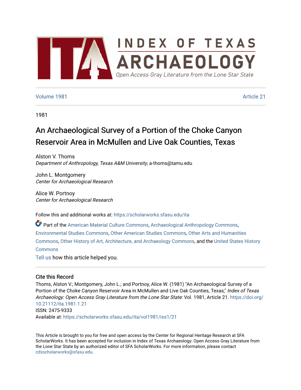 An Archaeological Survey of a Portion of the Choke Canyon Reservoir Area in Mcmullen and Live Oak Counties, Texas