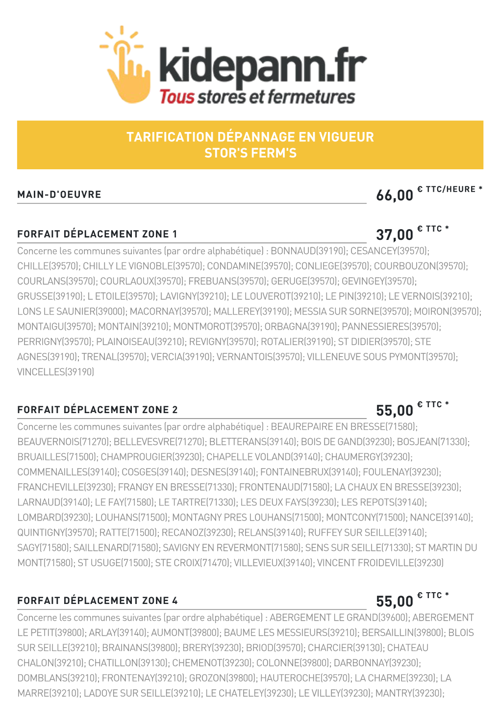 Tarification Dépannage En Vigueur Stor's Ferm's