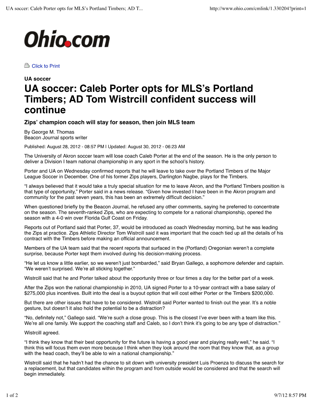 UA Soccer Caleb Porter Opts for MLS's Portland Timbers; AD Tom