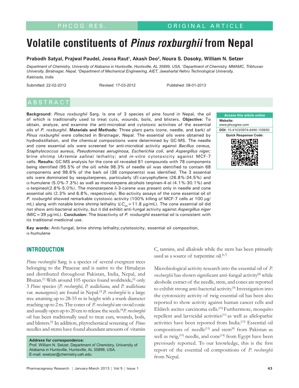 Volatile Constituents of Pinus Roxburghii from Nepal