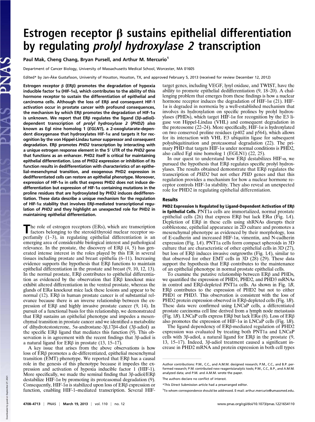 Estrogen Receptor Β Sustains Epithelial Differentiation by Regulating Prolyl Hydroxylase 2 Transcription