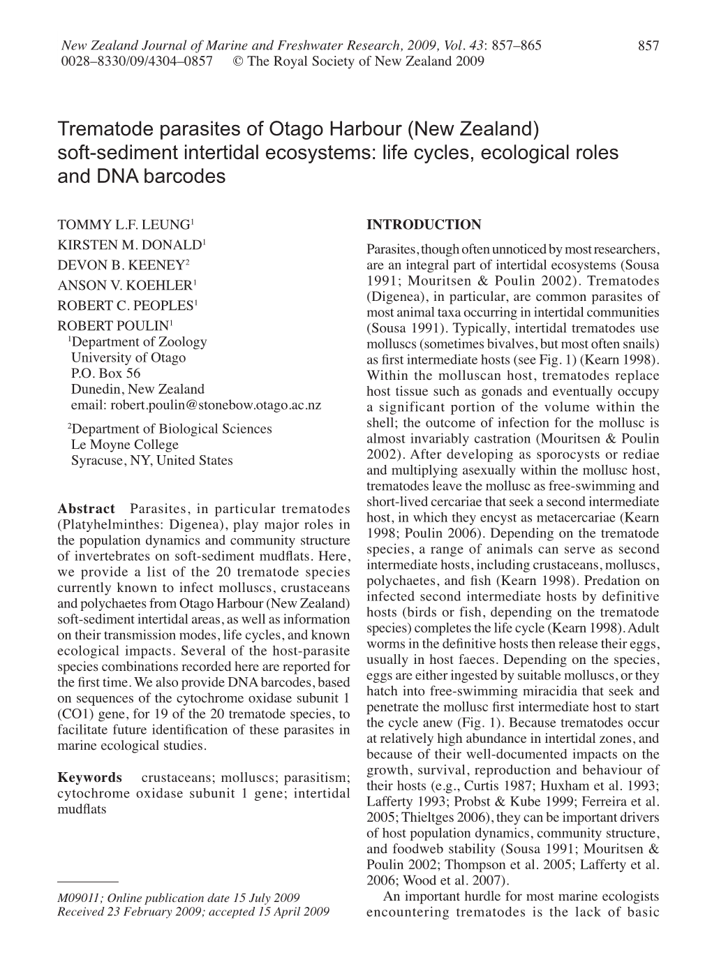 Trematode Parasites of Otago Harbour (New Zealand) Soft-Sediment Intertidal Ecosystems: Life Cycles, Ecological Roles and DNA Barcodes