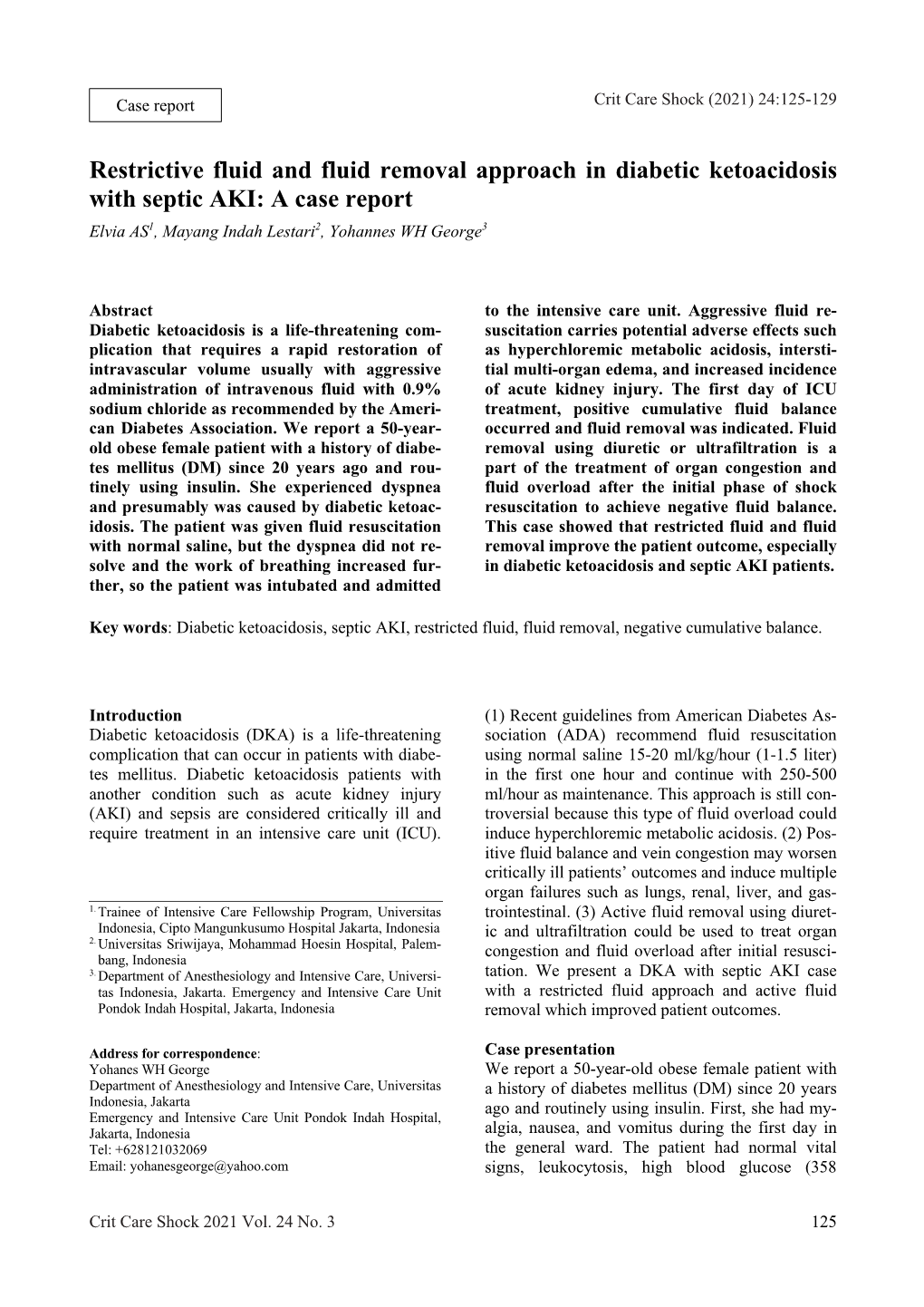 Restrictive Fluid and Fluid Removal Approach in Diabetic Ketoacidosis with Septic AKI: a Case Report