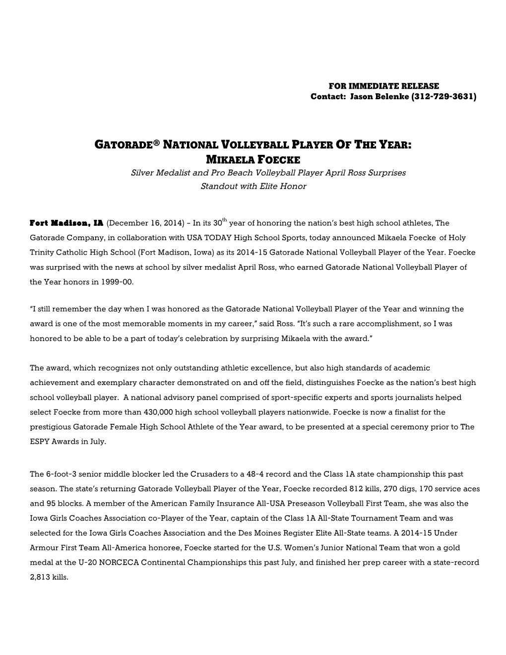 2014-15 Gatorade National Volleyball Release FINAL