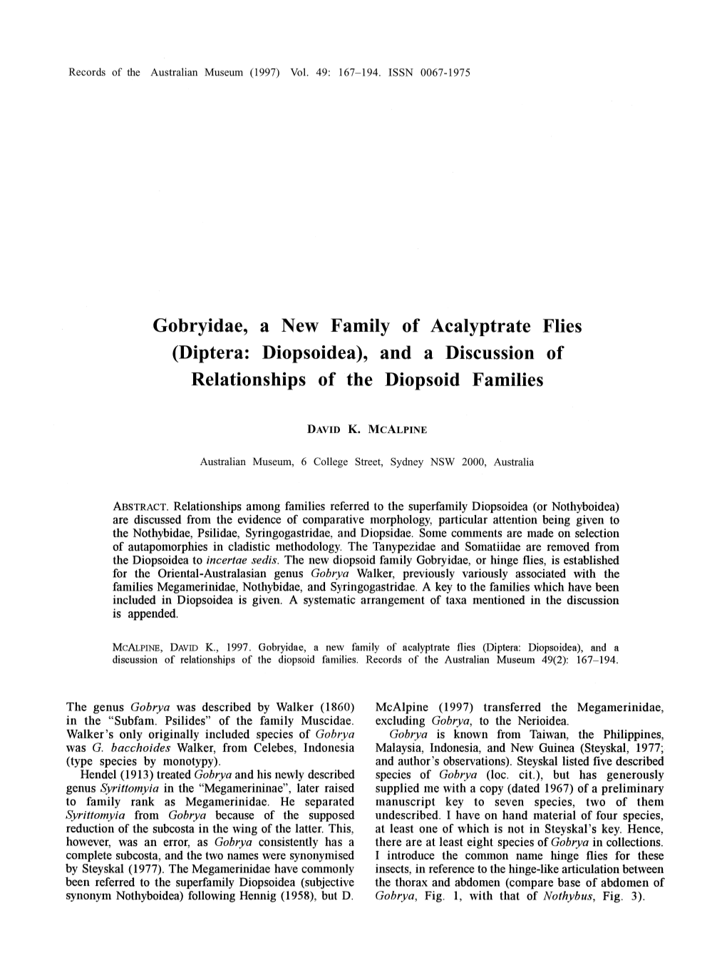 Diptera: Diopsoidea), and a Discussion of Relationships of the Diopsoid Families