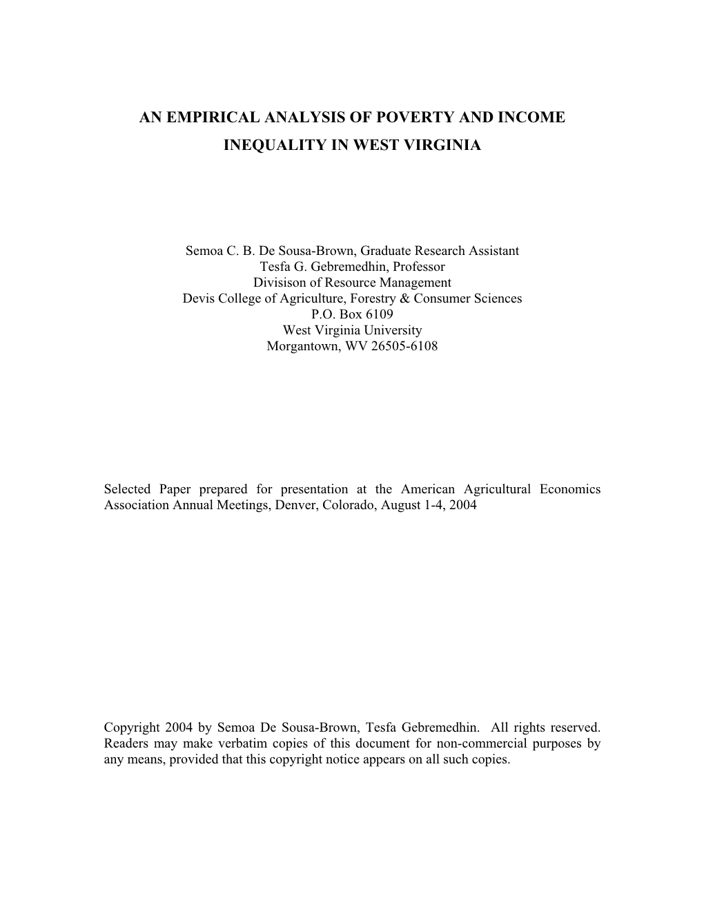 An Economic Analysis of the Relationship of Poverty and Income Inequality in Rural West Virginia