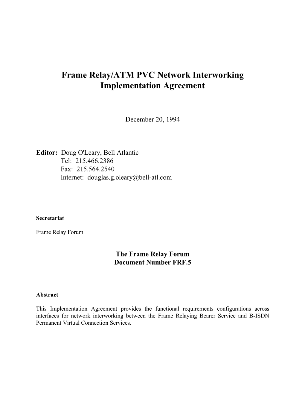 Frame Relay/ATM PVC Network Interworking Implementation Agreement